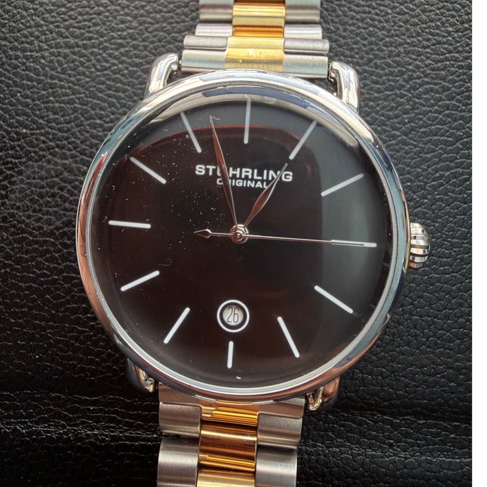 Stuhrling Original Mens Watch Two Tone Gold Silver Black Dial Swiss Quartz 0030 - Picture 2 of 5